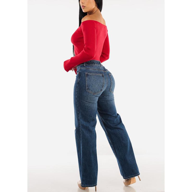 High Waist Med Blue Straight Wide Leg Cotton Jeans